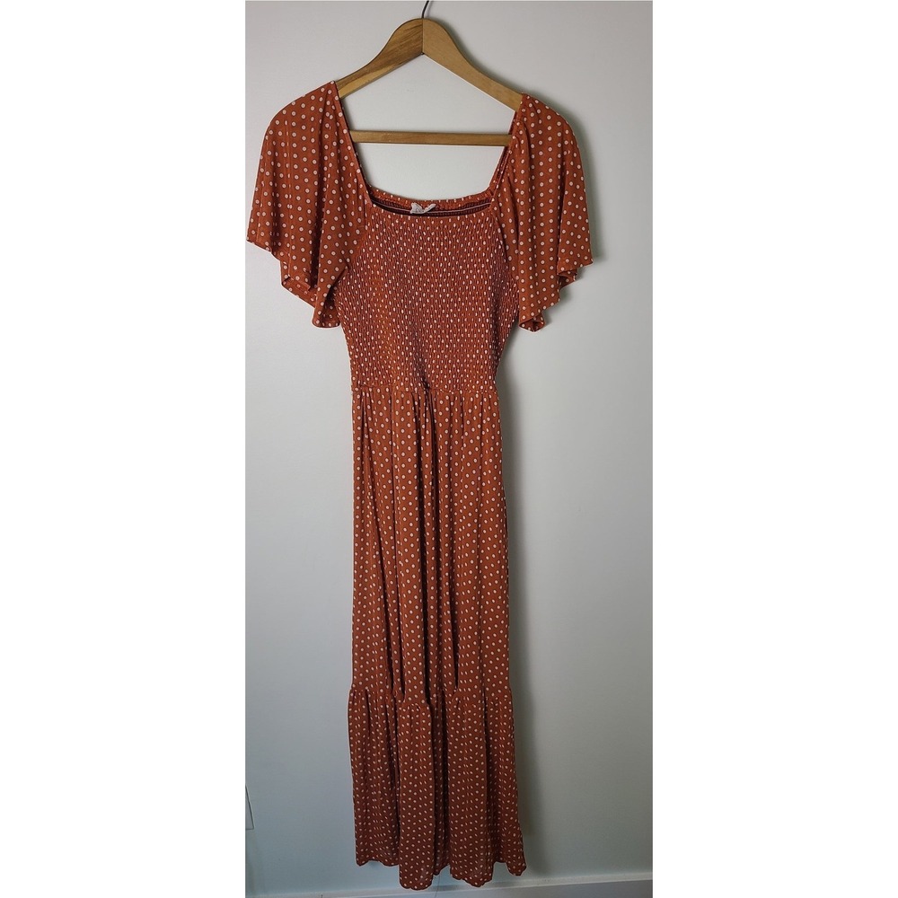 Ember Med Rust Orange Polka Dot Smocked Maxi Dress Flutter Sleeve Cottage Boho